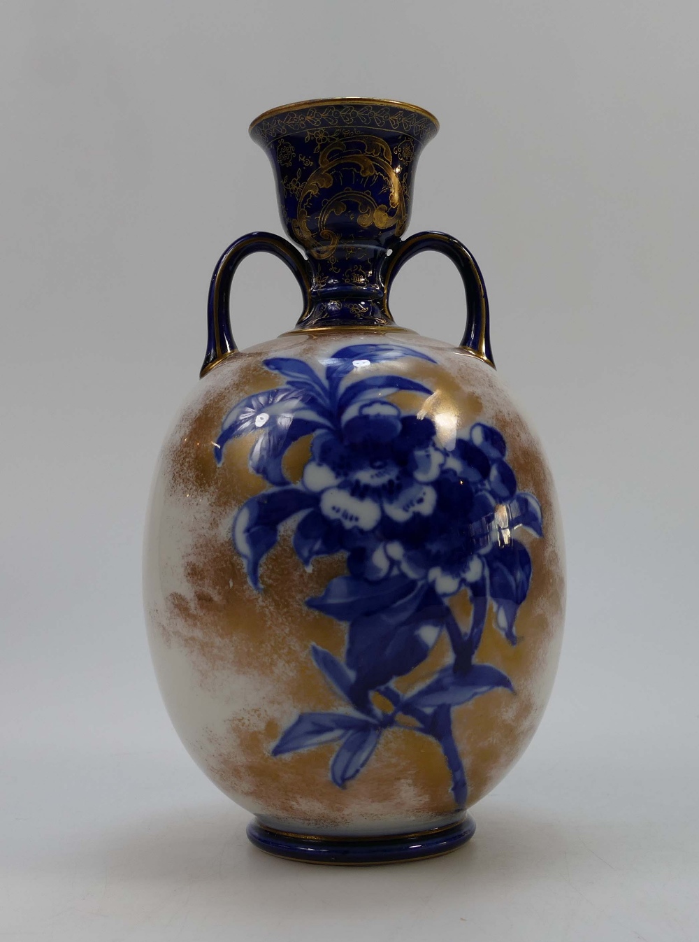 Royal Doulton Burslem large two handled vase decorated in the blue & gilded Iris design,
