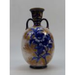 Royal Doulton Burslem large two handled vase decorated in the blue & gilded Iris design,
