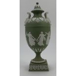 Wedgwood green jasper two handled vase & cover decorated with dancing ladies all around, height 28.