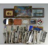 A collection of old postcards including comical, black & white etc, Thorntons toffee tin,