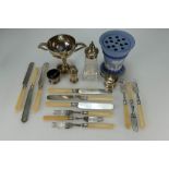 A collection of silver & silver plated items including hall marked silver snooker trophy, cruet set,