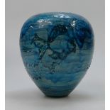 Lise Moorcroft small urn with blue crackle glaze with tube lined fish. From 2013. 27cm High.