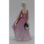 Royal Doulton prototype figure of a lady in 18th Century pink & red costume holding hat, c1950s,
