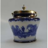 Royal Doulton Burslem biscuit barrel decorated in the Blue Watteau design with silver plated lid,