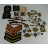 A collection of various military cap badges, buttons,