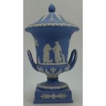 Wedgwood blue jasper two handled urn & cover decorated with classical scenes,