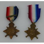 WW1 medals 1914-1915 stars awarded to 10016 Pte W Woodhouse 1/ N.Staffs .R and Pte W.R.Tompkins.N.