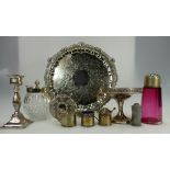 A collection of silver items to include comport, small mirror, candlestick, cruet set,