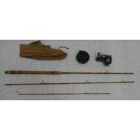 Allcocks lucky strike split cane 3 piece fishing rod together with old bakelite fishing reel with