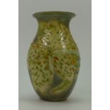 Lise Moorcroft hand thrown vase with celadon glaze with a green/yellow lily. From 2007. 19cm High.