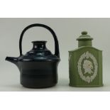 Wedgwood stoneware studio tea kettle signed by Michael Dinlow 1966 (cracked) and green jasper ware