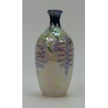 Lise Moorcroft small blue necked, hand thrown vase with wisteria. From 2000. 17cm High.