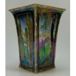 Wedgwood Fairyland Lustre vase in a square form with flaring edges decorated in the Dana-Castle