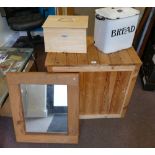 Pine storage cabinet with framed mirror and two bread bins (4)