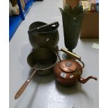 A collection of brass and copper items to include large jam pan, coal bucket,