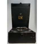 His Masters Voice wind up gramophone in black leather case.