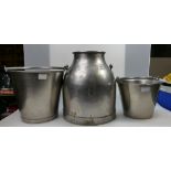 A collection of Stainless steel items to include large milk churn and two similar buckets