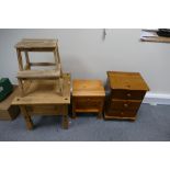 Various small pine furniture items to include stepping stool, bedside cabinet,