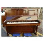 Mahogany Edwardian upright piano, Harrods limited, overstrung iron frame.