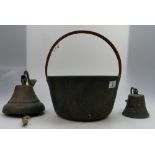 Large brass jam pan and two similar wall bells (3)