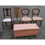 Two Mahogany Balloon back chairs together with 2 other similar period chairs and Lloyd Loom