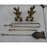 Heavy Brass dog irons and fireside set (5)