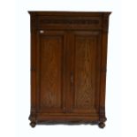 19th Century French carved oak 2 door tall storage cupboard with drawer above,
