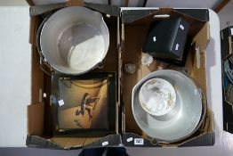 A mixed collection of items to include large aluminium jam pans, easy listening LPs,