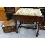 Early 20th century piano stool with intergrated sheet music drawer and miniature oak chest or two