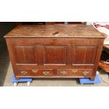 Large oak triple panelled mule chest with 2 drawers