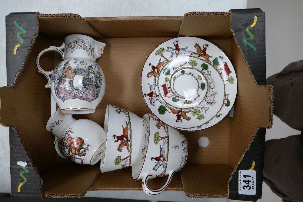 Coalport oversized coffee cups and saucers in the Hunting scene design together with Coalport Punch