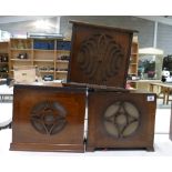 Three oak cased external gramophone speakers including British made blue dot items (3)