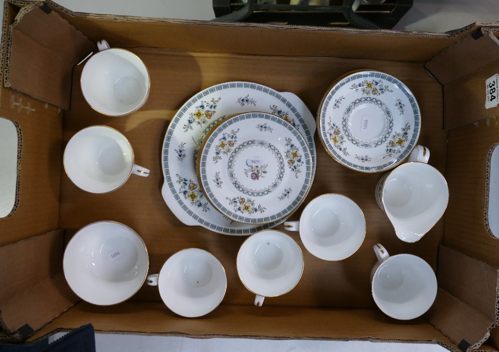 A collection of Minton teaware in the Avignon design to include side plates, cups, saucers, milk,