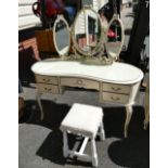 White French Louis style dressing table with triple mirror back and non-matching stool (2)