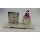 Royal Doulton miniature figure Sweet Anne mounted on Art Deco onyx base with Smiths chrome clock