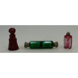 A vintage double silver topped coloured crystal glass scent bottle and two other coloured glass