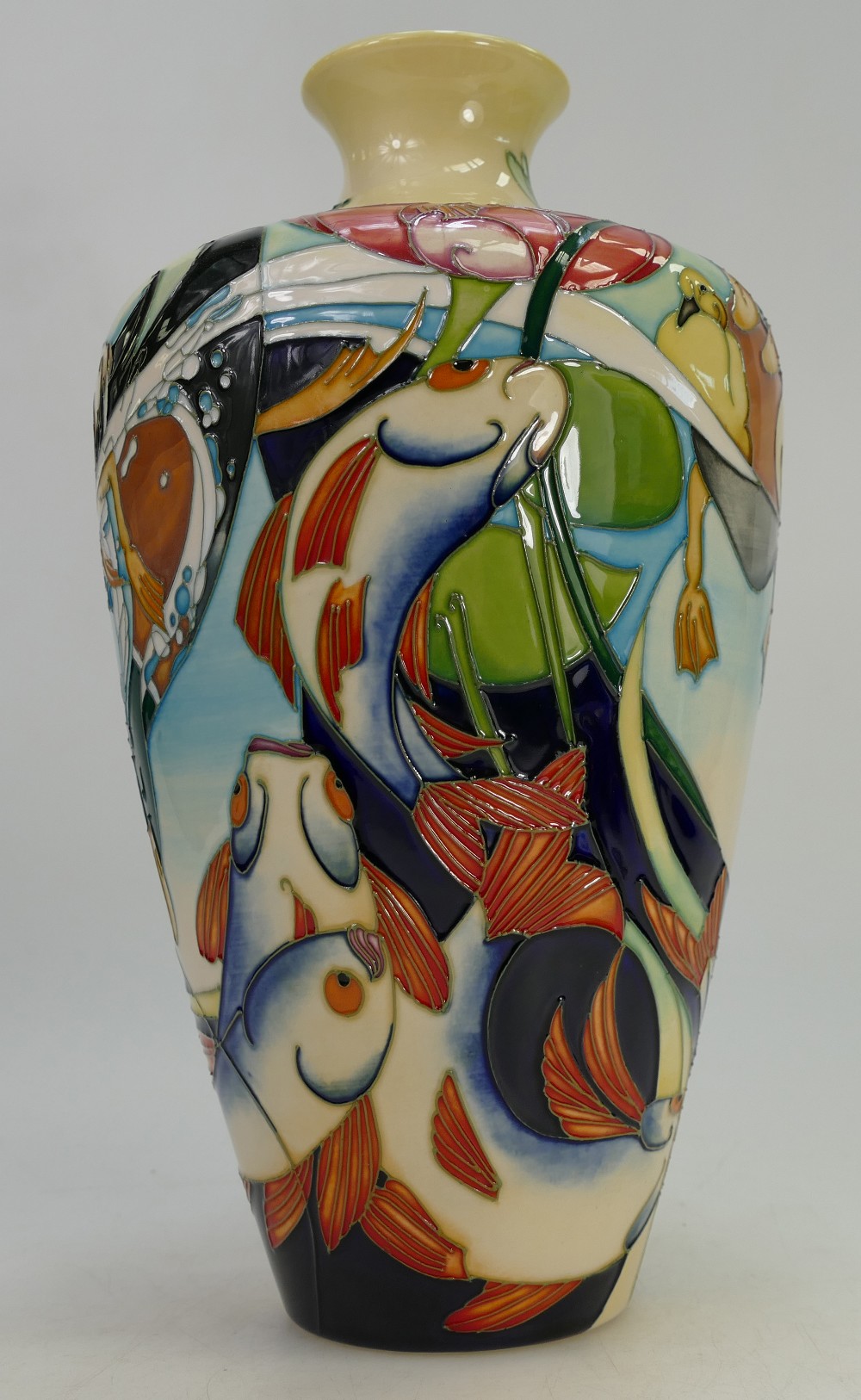 Moorcroft vase decorated in the Duckpond design, limited edition of 50 by Emma Bossons, height 31.