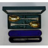 Modern Silver Cased Salad Servers together with Cased Silver Knife,