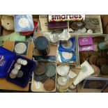 A collection of old coins including commemorative coins, various decimal coins,