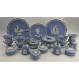 A good collection of Wedgwood jasperware items to include teapot, cups, saucers, trinket boxes,