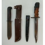 Military bush knife in leather sheath by F.