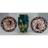 Royal Crown Derby Imari style plates and a Crown Devon Fieldings Art Deco vase decorated with