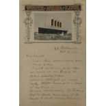 A letter on White Star Line headed paper dated 23rd February 1916 sent from SS Britannic which was