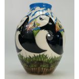 Moorcroft vase decorated in the Lindisfarne Puffin design by Vicky Lovatt,