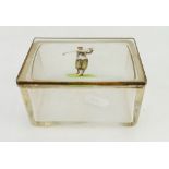 Early 20th century glass trinket box & cover handpainted with a golfer