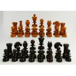 A vintage turned wood chess set in light and dark wood in leather box (32)