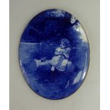 Doulton Burslem blue & white oval plaque decorated with girl with dolly sat on log with frog,