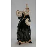 Early Coalport figures of seated queen and harlequin clown figure (unmarked) (2)