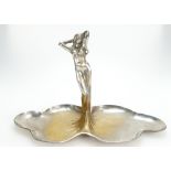 Silver plated German Art Nouveau Jugendstil Entree dish in the form of Lady wearing flowing dress