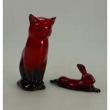 Royal Doulton Flambe model of a seated cat and small lying hare,